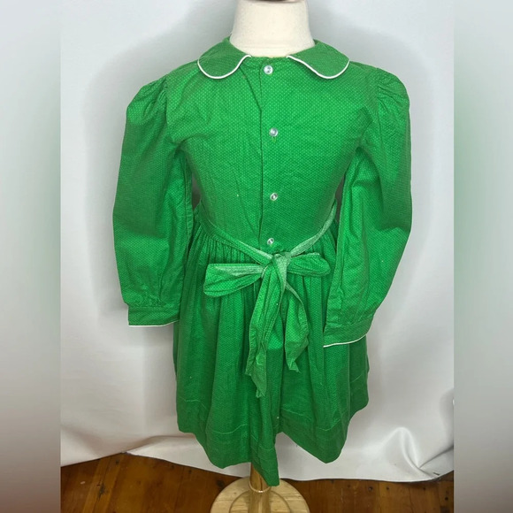 Vintage Polly Flinders girls green polka dot smocked wreath Christmas dress sz 8 - Picture 2 of 3